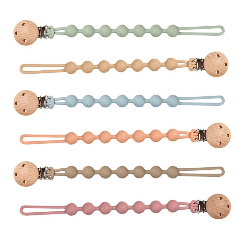 Clips para chupete de madera de haya con cuentas para masticar