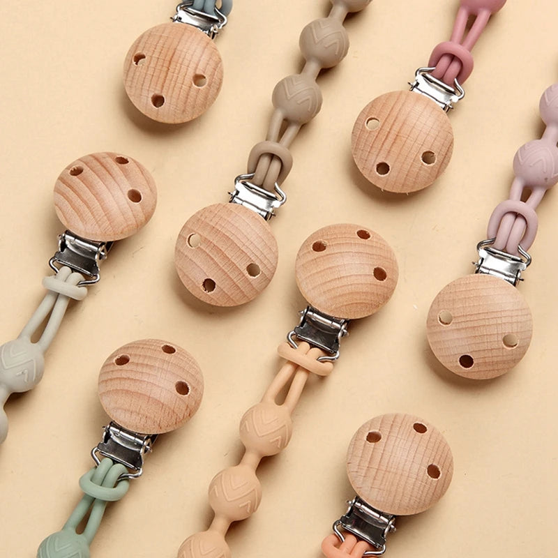 Clips para chupete de madera de haya con cuentas para masticar