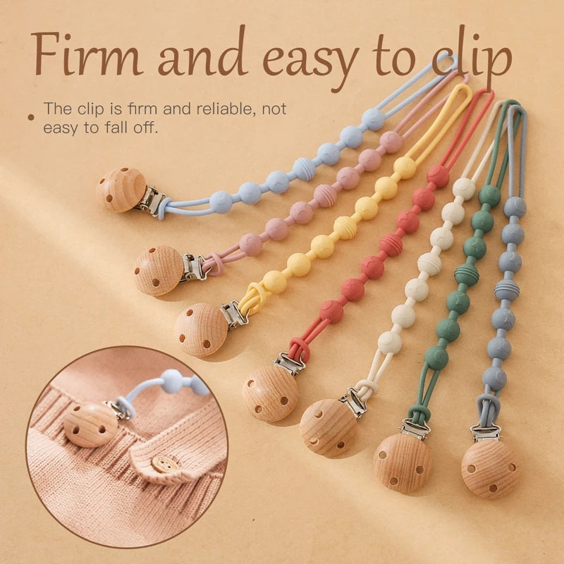 Clips para chupete de madera de haya con cuentas para masticar
