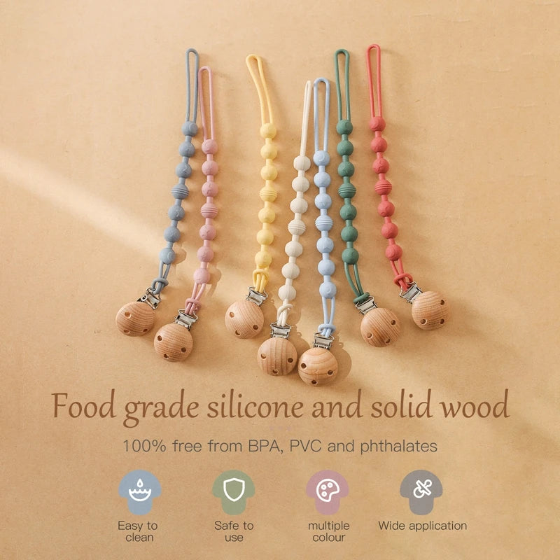 Clips para chupete de madera de haya con cuentas para masticar